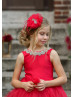 Beaded Red Satin Tulle V Back High Low Flower Girl Dress